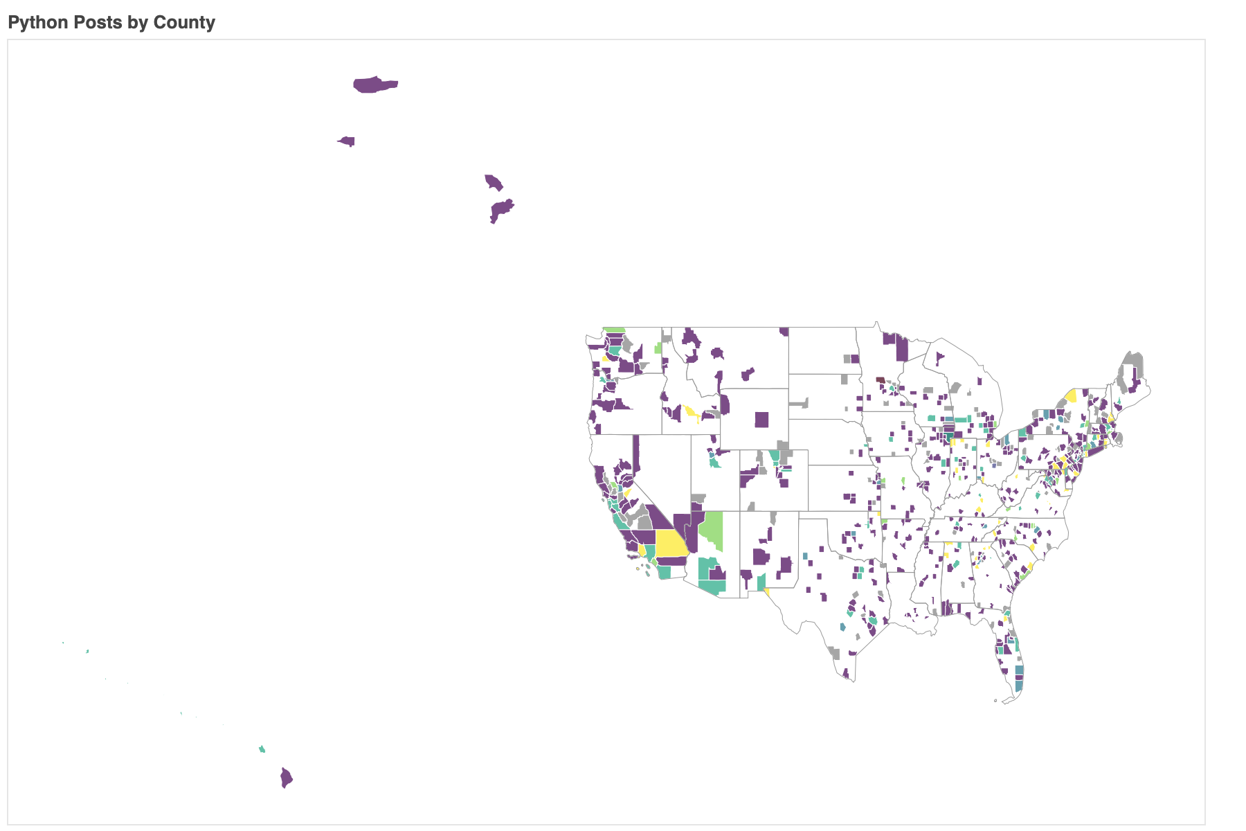 A heatmap showing the percent of posts about python for each county