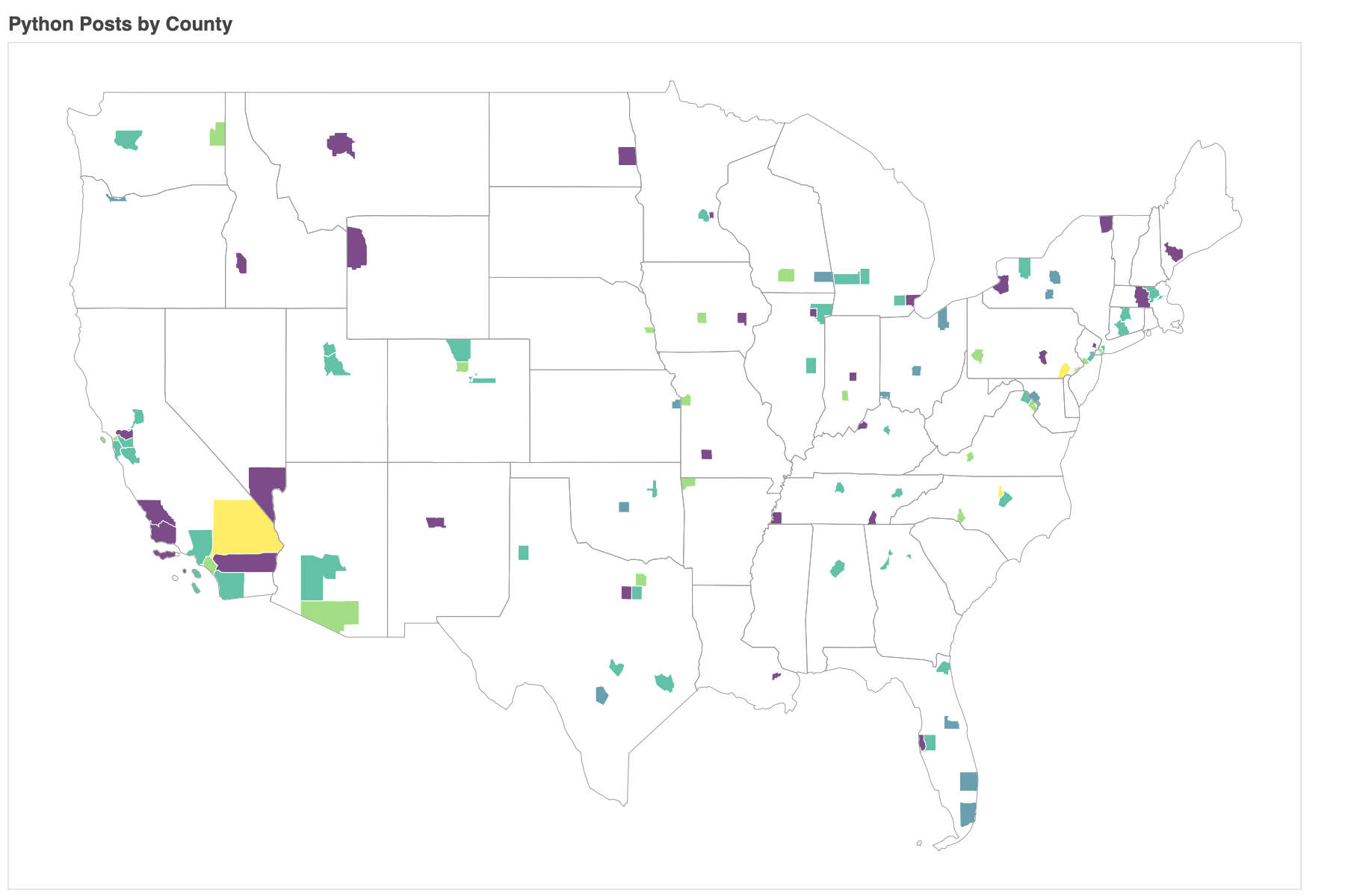 A heatmap showing the percent of posts about python for each county with at last 7 posts